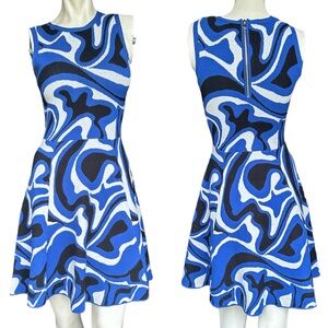 Milly Black & Blue Swirl Print High Neck Fit & Flare Skater Dress Size P
